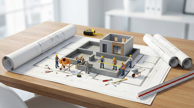 Miniature workers measuring walls of house foundation model on blueprint