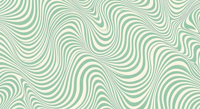 Abstract wavy retro background pattern with flowing mint green and cream optical curves