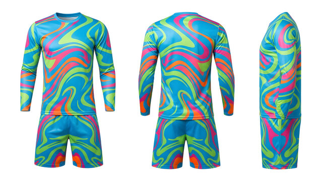 Vibrant Blue and Green Long Sleeve Soccer Jersey and Shorts Set with Psychedelic Swirl Pattern