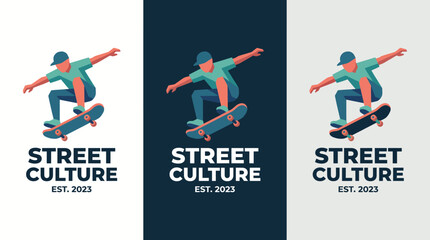 This energetic logo showcases a skateboarder mid-trick, capturing the essence of street culture and youth, perfect for brands in sports, lifestyle, or urban fashion. © Shufen