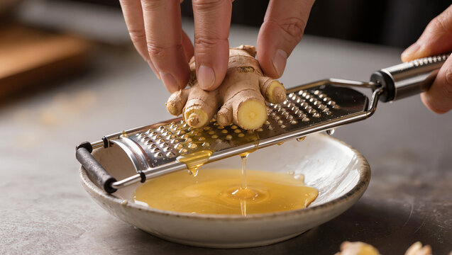 Hands grating fresh ginger into bowl, food preparation close up and healthy cooking concept, kitchen action shot with natural ingredient and homemade recipe process