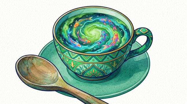 Mystical green tea cup illustration, a vibrant cosmic swirl beverage, enchanting fantasy drink, magical elixir for imaginative storytelling.