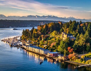 Obraz premium Coastal town with marina, buildings, autumn trees, mountains