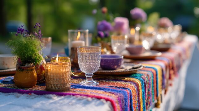 Colorful Outdoor Dining Setup with Candles, Flowers, and Decorative Tableware for a Summer Gathering