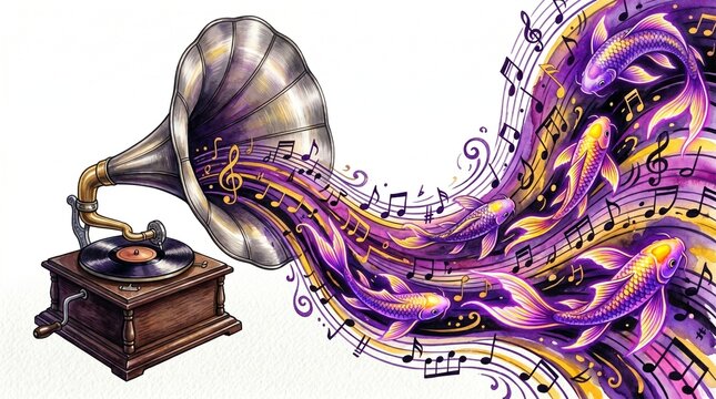 Vintage gramophone illustration, antique record player with musical notes and flowing purple fish, whimsical music concept, creative sound art, retro audio design.