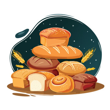 Variety of fresh baked breads illustrated with wheat stalks vector design