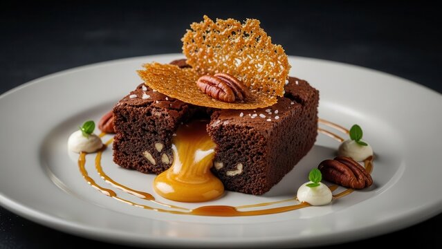 Gourmet chocolate brownie with molten caramel center, pecan, and crispy tuile on a white plate