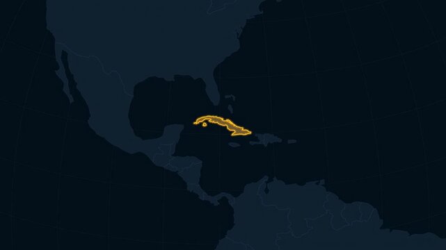 Zoom Outline of Cuba highlighted on dark map background  