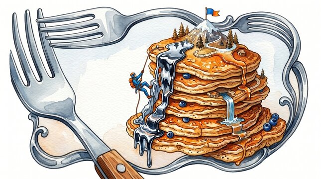 Whimsical pancake mountain illustration, a creative food landscape with syrup waterfalls and tiny adventurers, framed by ornate silver forks, a playful culinary adventure concept for food blogs