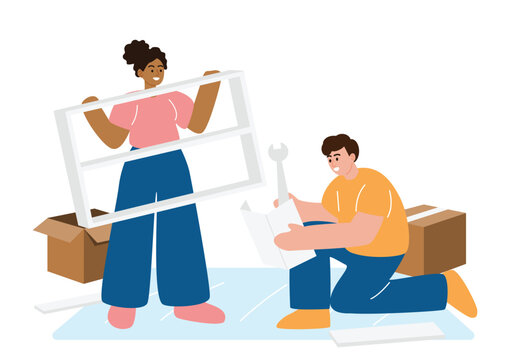 Young Diverse Couple Assembling New Furniture and Reading Manual Instructions in New Home