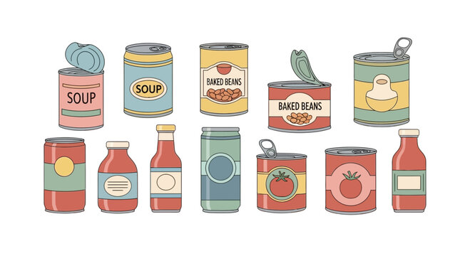 Colorful illustration of food cans.
