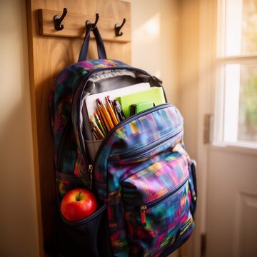 Modern colorful student backpack hanging in bright home entryway