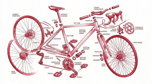 Detailed bicycle parts illustration, exploded view of bike components, mechanical diagram for repair and assembly, cycling technology blueprint.