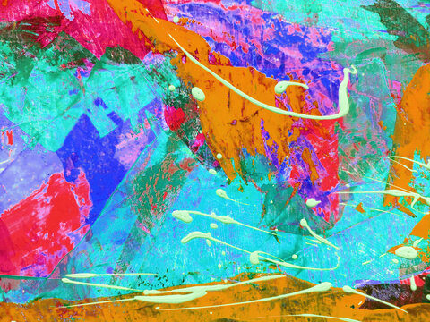 Abstract painting background is a vibrant explosion of color and texture, featuring energetic, gestural brushstrokes and layered palette knife applications