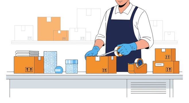 Warehouse worker packing boxes, shipping and logistics, e-commerce fulfillment, delivery service