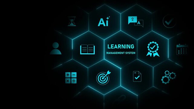 A glowing neon learning management system concept surrounded by smaller icons for ai and manufacturing process management, Motion graphics of learning concept