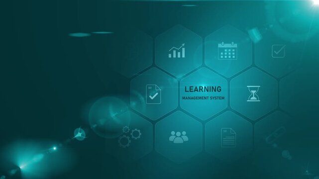 A glowing neon learning management system concept surrounded by smaller icons for ai and manufacturing process management, Motion graphics of learning concept
