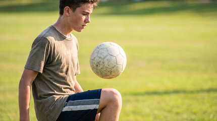 Naklejka premium Teenage Boy Practicing Soccer Skills in Public Park 