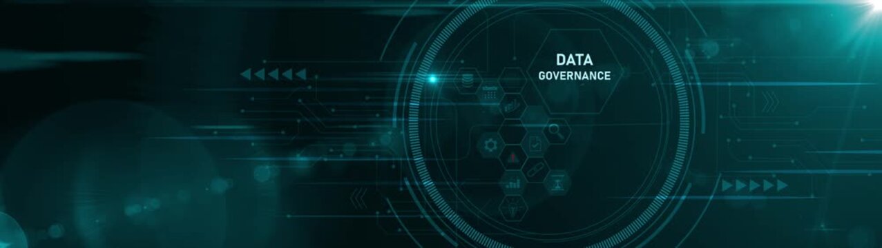 A glowing neon data governance concept surrounded by smaller icons for ai and manufacturing process management. Motion graphics of data security concept