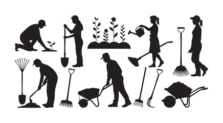 Set of garden worker silhouettes featuring various characters using tools like shovels and rakes © MdShohidul