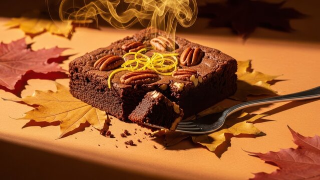 A single piece of chocolate pecan brownie topped with lemon zest, served on a fork amidst autumn maple leaves
