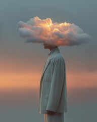 Naklejka premium A surreal portrait shows a person with a glowing cloud replacing their head, blending human form with nature during a calm sunset.