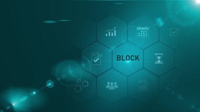 A business BLOCK concept surrounded by smaller icons for ai and manufacturing process management. Motion graphics of block chan concept