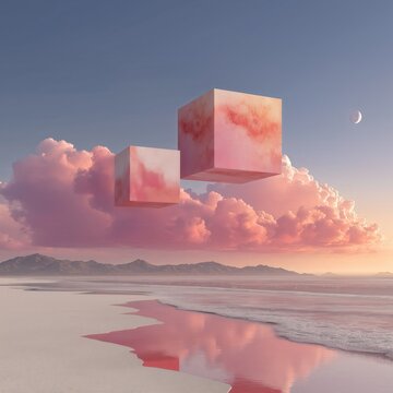 Two textured pink cubes float above a serene beach with pink clouds and a crescent moon in a calm, pastel-toned surreal landscape.