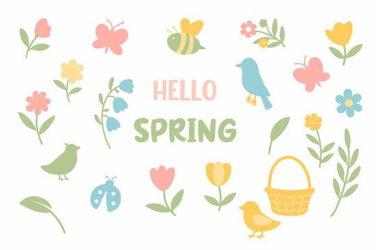 Hello Spring Cute Pastel Colorful Elements Collection Vector Illustration