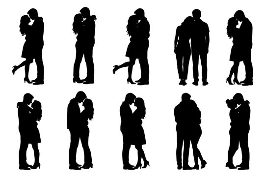 Silhouettes of couples kissing and embracing on a white background.