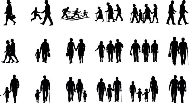 Black silhouettes of individuals, couples, families, and elderly people walking together showing diverse generations and urban lifestyle illustration design