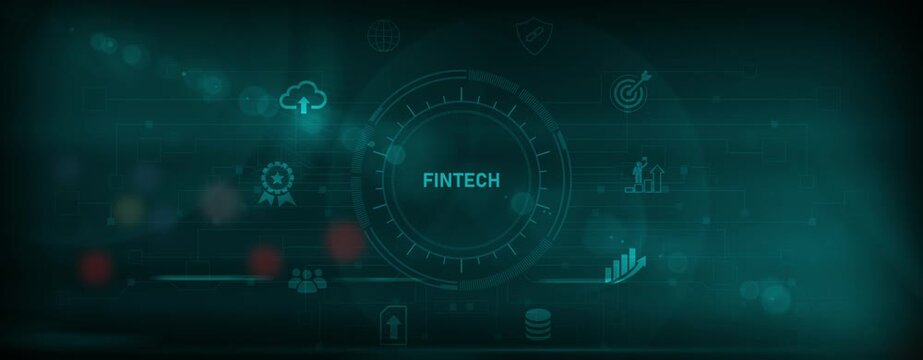 Fintech Concepts and Infographics in Dark Environment. Asymptotic smart data analytic on world map background. Motion graphics of business concept