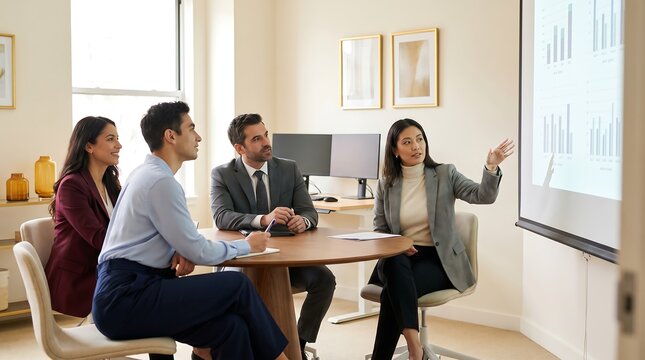 Asian businesswoman presenting financial data charts on projection screen to seated colleagues in bright modern meeting room