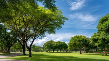 Fototapeta premium Serene Park Landscape with Lush Green Trees Under a Bright Blue Sky and Whimsical Cloud Patterns