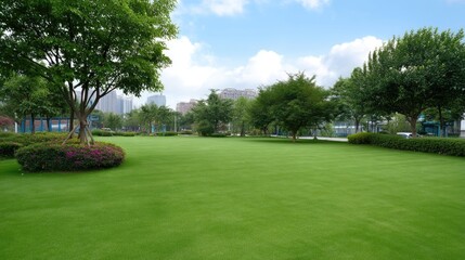 Obraz premium Serene Green Park Landscape with Lush Lawn Under Bright Blue Sky and Fluffy White Clouds