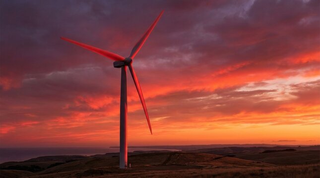 Wind Turbine Standing Against a Dramatic Sunset Sky