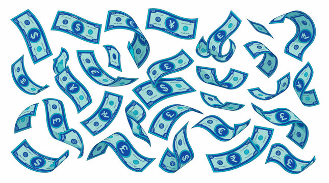 A vibrant illustration of various global currency notes falling and floating against a clean white background, symbolizing financial success and illustrating global economic growth