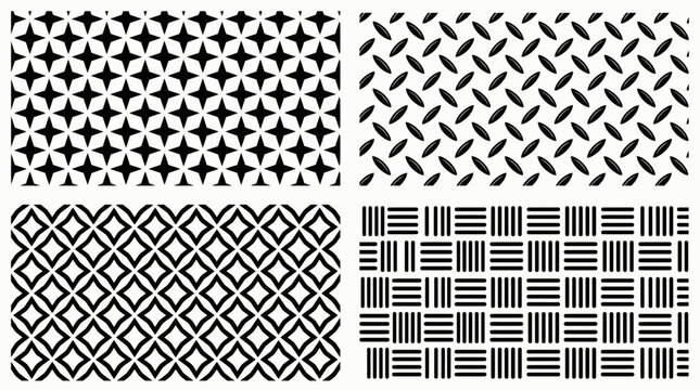 Four distinct black and white seamless geometric patterns: stars, ovals, curved diamonds and lines, symbolizing contemporary design elements, useful for backgrounds or branding projects