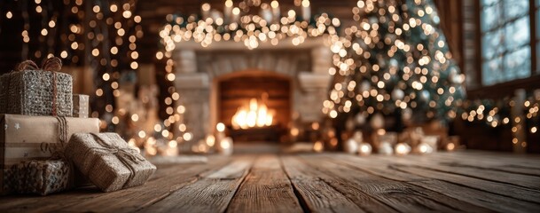 Obraz premium Christmas scene featuring wrapped gifts in front of a cozy fireplace with a decorated tree and warm lights illuminating a wooden interior