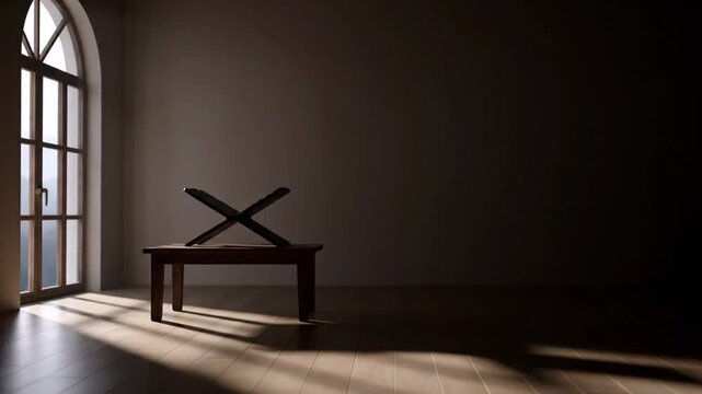 An old wooden table with crossed swords stands alone in a dimly lit room near a large window.