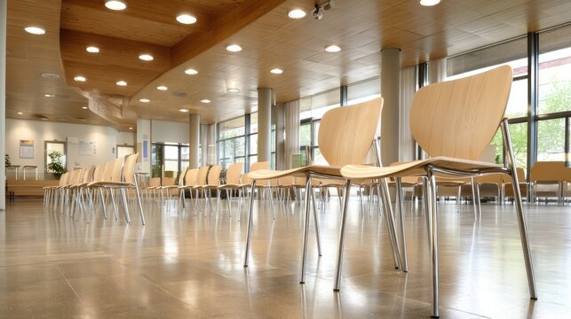 Modern interior view of an empty waiting area with wooden chairs and natural light streaming through large windows