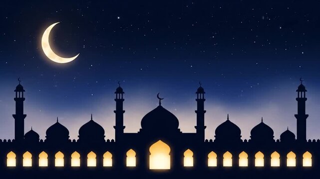A serene nighttime scene of a mosque silhouette under a crescent moon with stars shining brightly in the dark sky.