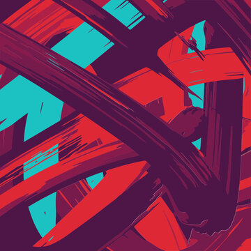 Abstract design with vibrant red, burgundy, and teal colors. Dynamic brushstrokes create a visually compelling background.