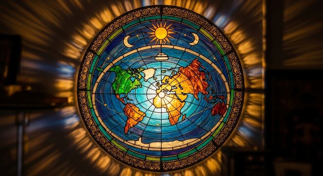 Circular Stained Glass World Map Art