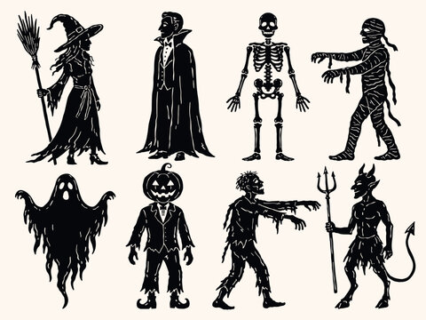 Vintage Halloween vector character set with witch, vampire, skeleton, mummy, ghost, devil, zombie and pumpkin head character. Hand drawn monochrome silhouette collection for seasonal design