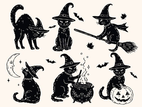 Vintage Halloween vector set with witch cats in hats, including cat with pumpkin, moon, broom, cauldron and sitting cat. Hand drawn monochrome silhouette collection for seasonal design
