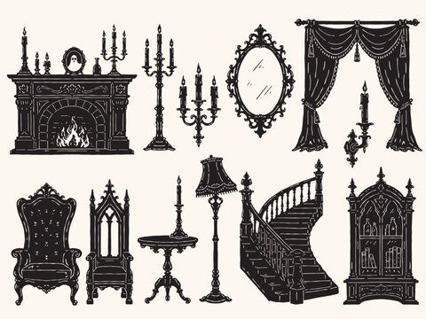 Vintage Halloween vector haunted interior set featuring fireplace, candles, mirror, gothic furniture, staircase and curtains. Hand drawn monochrome silhouette collection for Halloween decor