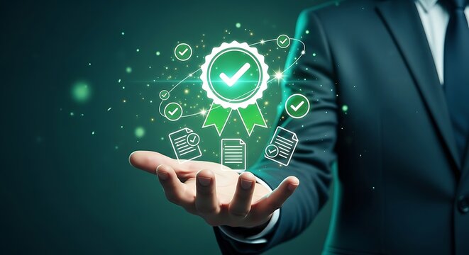 Hand offering digital security verification with documents and checkmarks