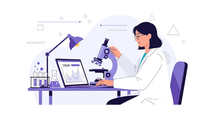 Fototapeta premium Scientist working with microscope and laptop in modern laboratory, medical research concept