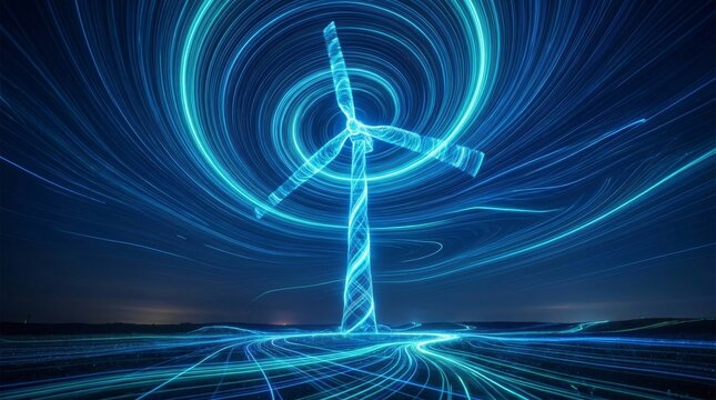 Futuristic Wind Turbine with Glowing Blue Energy Light Trails